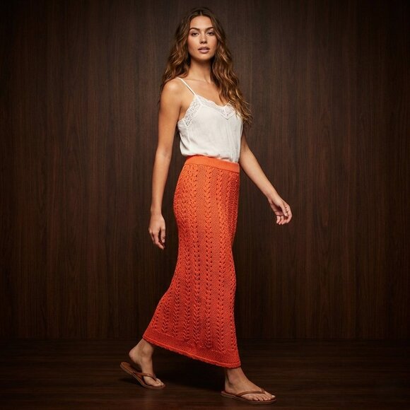 Olive & Oak Dresses & Skirts - Olive & Oak Women’s M Crochet Knit Orange Maxi Skirt Boho Coastal Festival